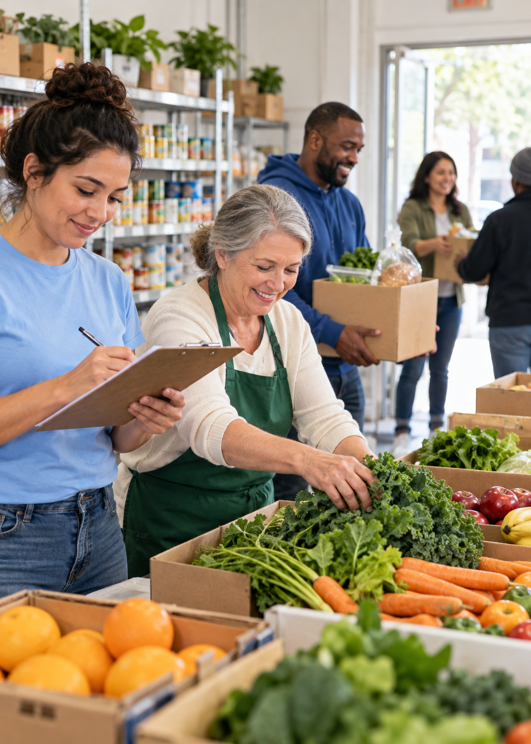 Illustrative scene of a diverse team preparing food boxes and welcoming a neighbor.