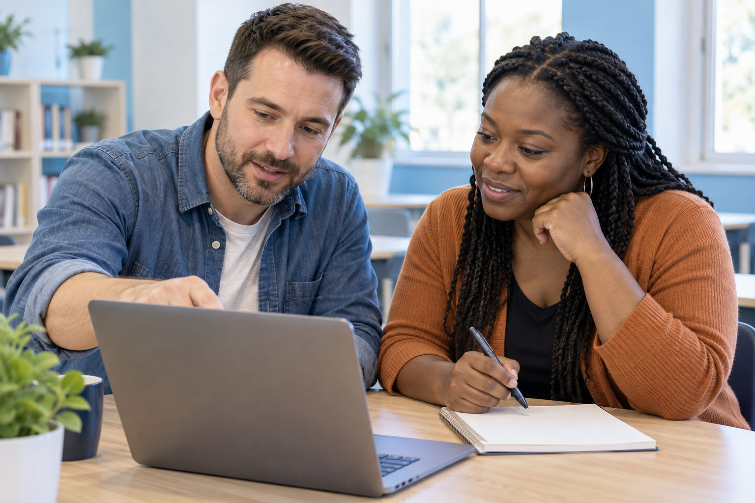 Two adults learning together at a laptop and planning a next step.