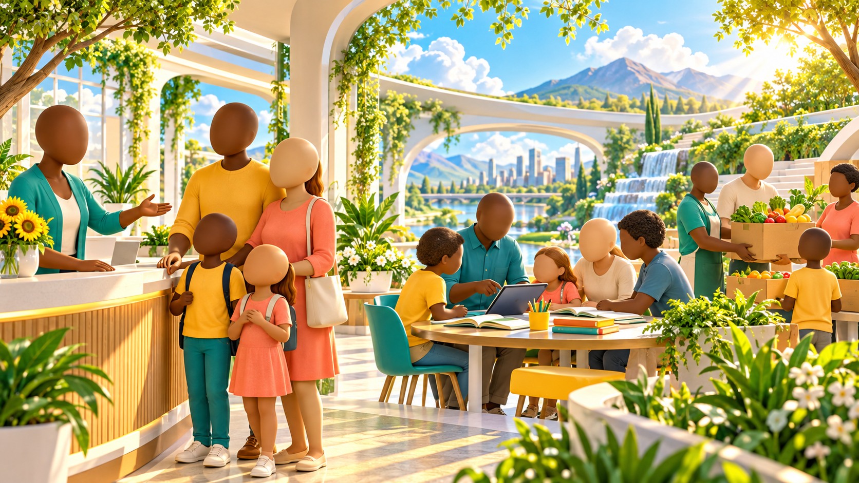 Faceless 3D adults and children with varied skin tones welcoming visitors, learning together and sharing fresh food